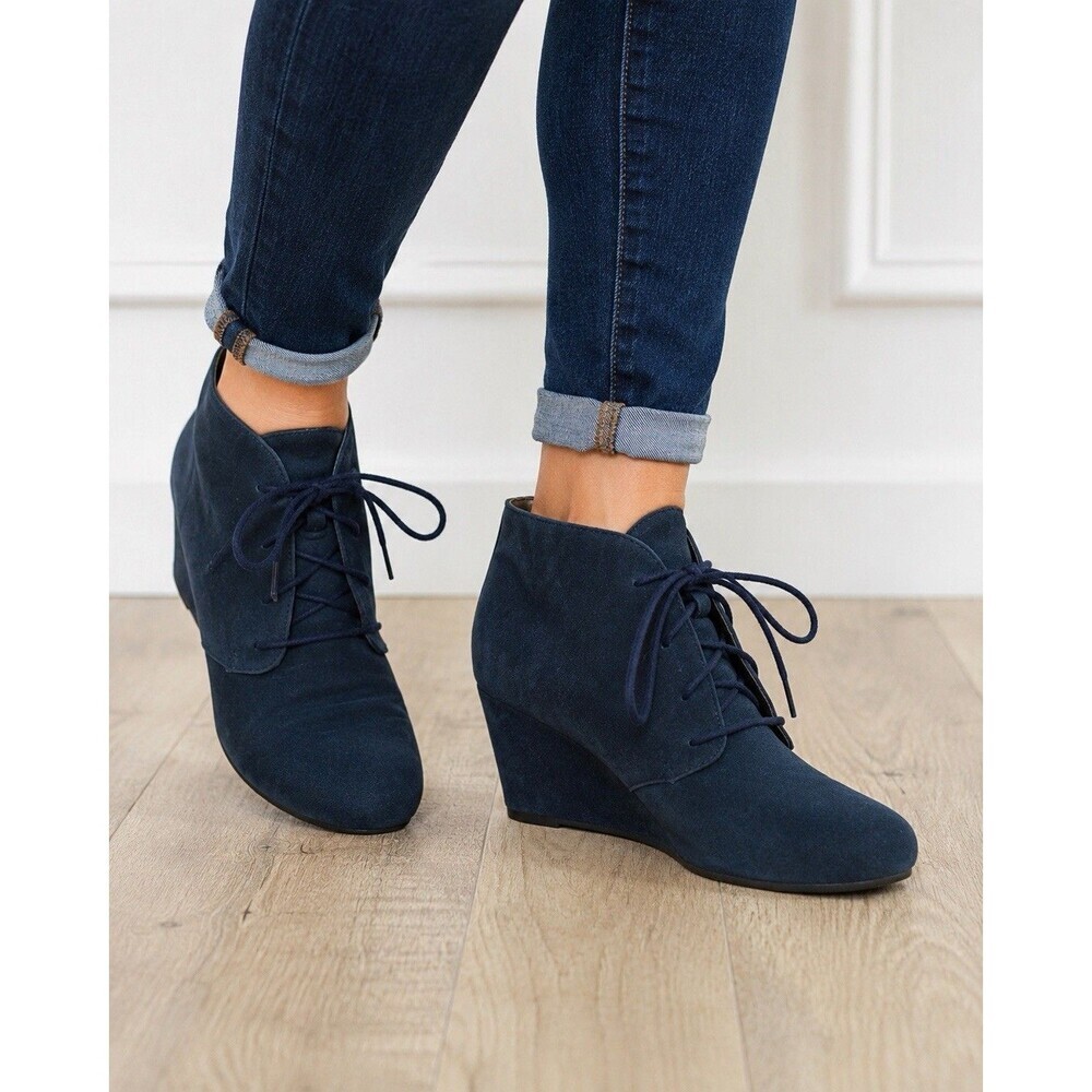 Vionic Becca Navy Suede Lace Up Wedge Ankle Booties Women’s Size 8